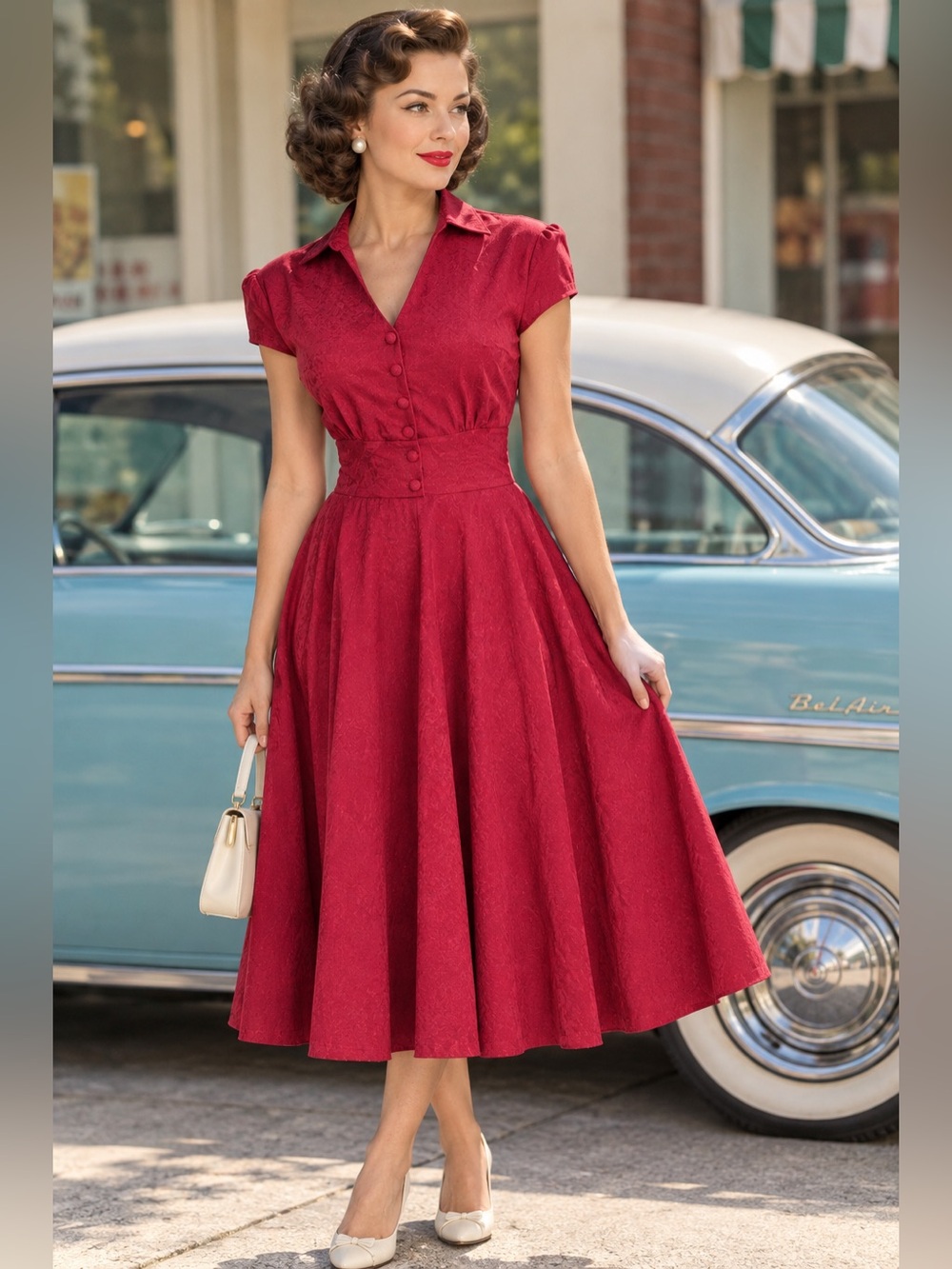Vintage-Inspired Fit & Flare Midi Dress Retro 1950s Style